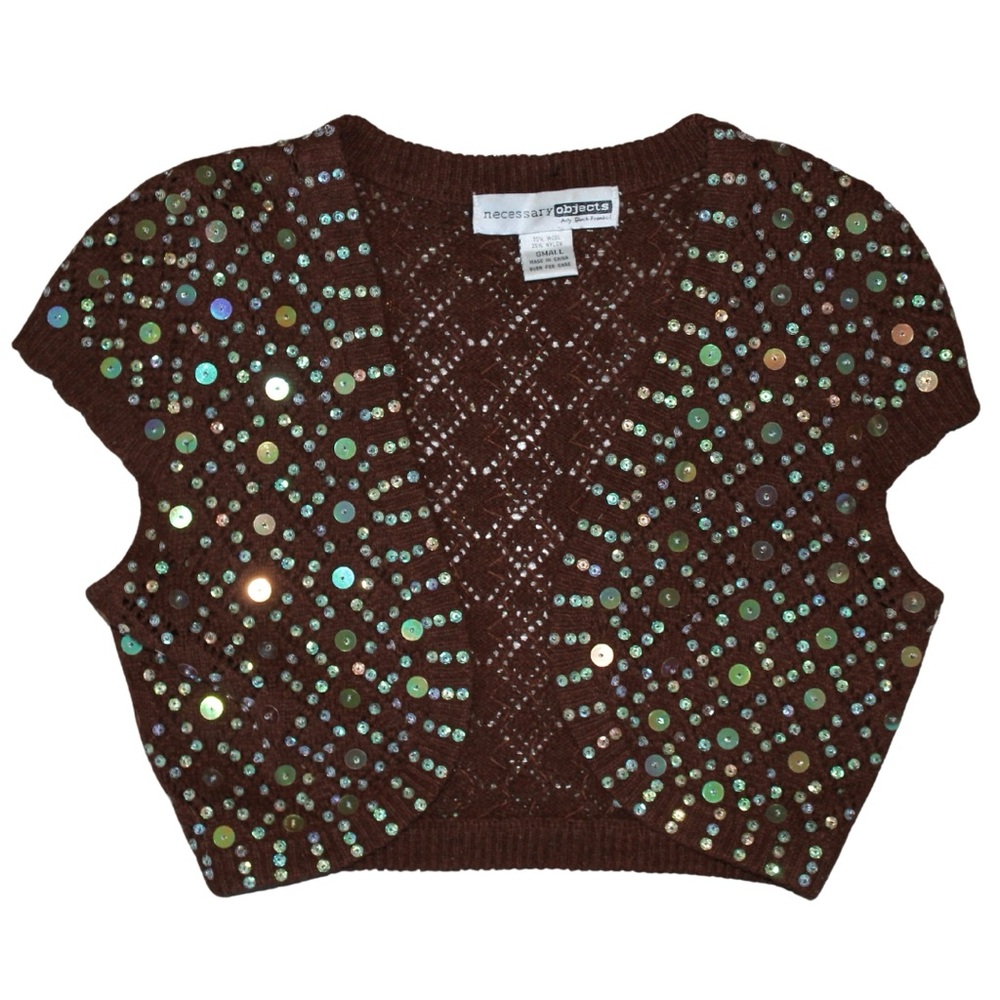 Vintage Y2K Necessary Objects Brown Sequin Knit Cropped Bolero Sweater